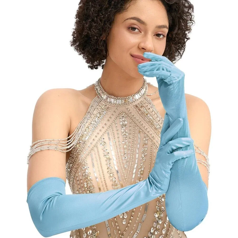Women's Evening Blue Long Satin Gloves Elbow Length Formal Party Prom Wear